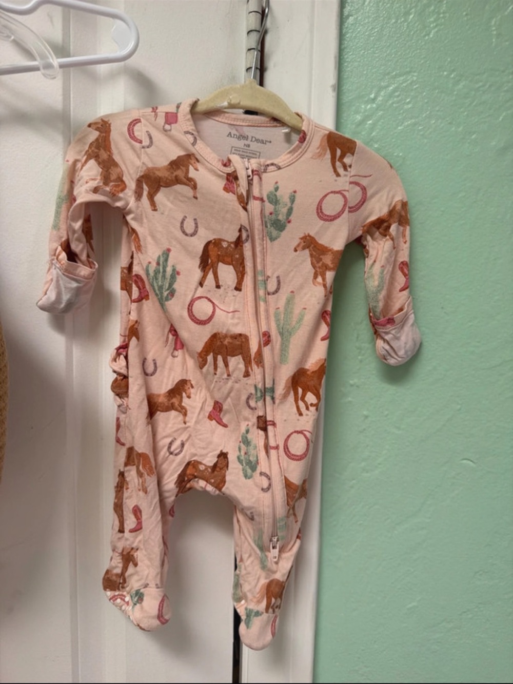 Angel Dear Cream-Pink Western Horse Print Footed One-Piece